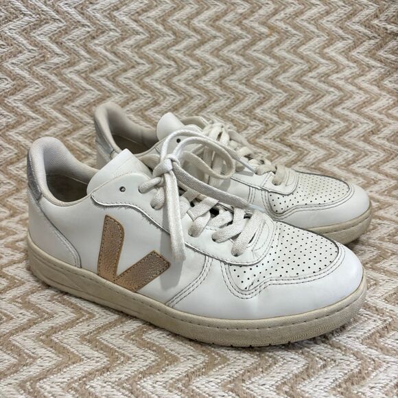 VEJA V-10 Metallic Low Top Leather Sneakers - Picture 1 of 9